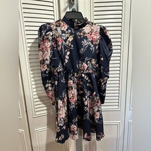 Shein Navy Floral Puff Sleeve Dress